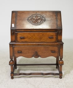 English Oak Two Drawer Drop Front Desk / Bureau