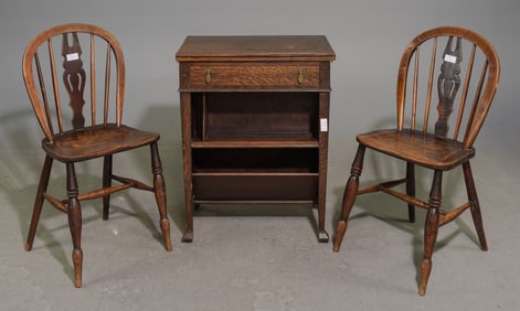English Oak Turn Flip Top Stand & Two Chairs