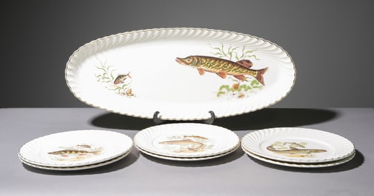 7pc French Fish Plate Set - Platter & 6 Plates