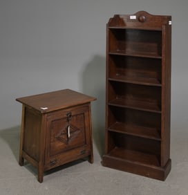 English Oak Bookshelf & Small Record Cabinet