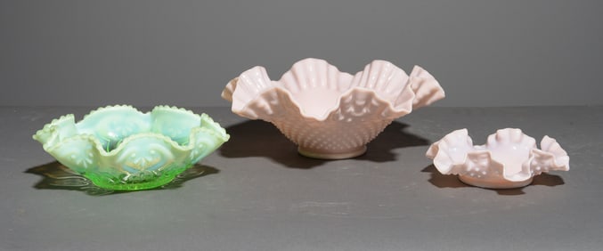 3pcs - 2 Fenton Pink Hobnail Ruffled Bowls & 1 Other