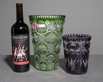 Bohemian Green & Amethyst Cut Crystal Vases