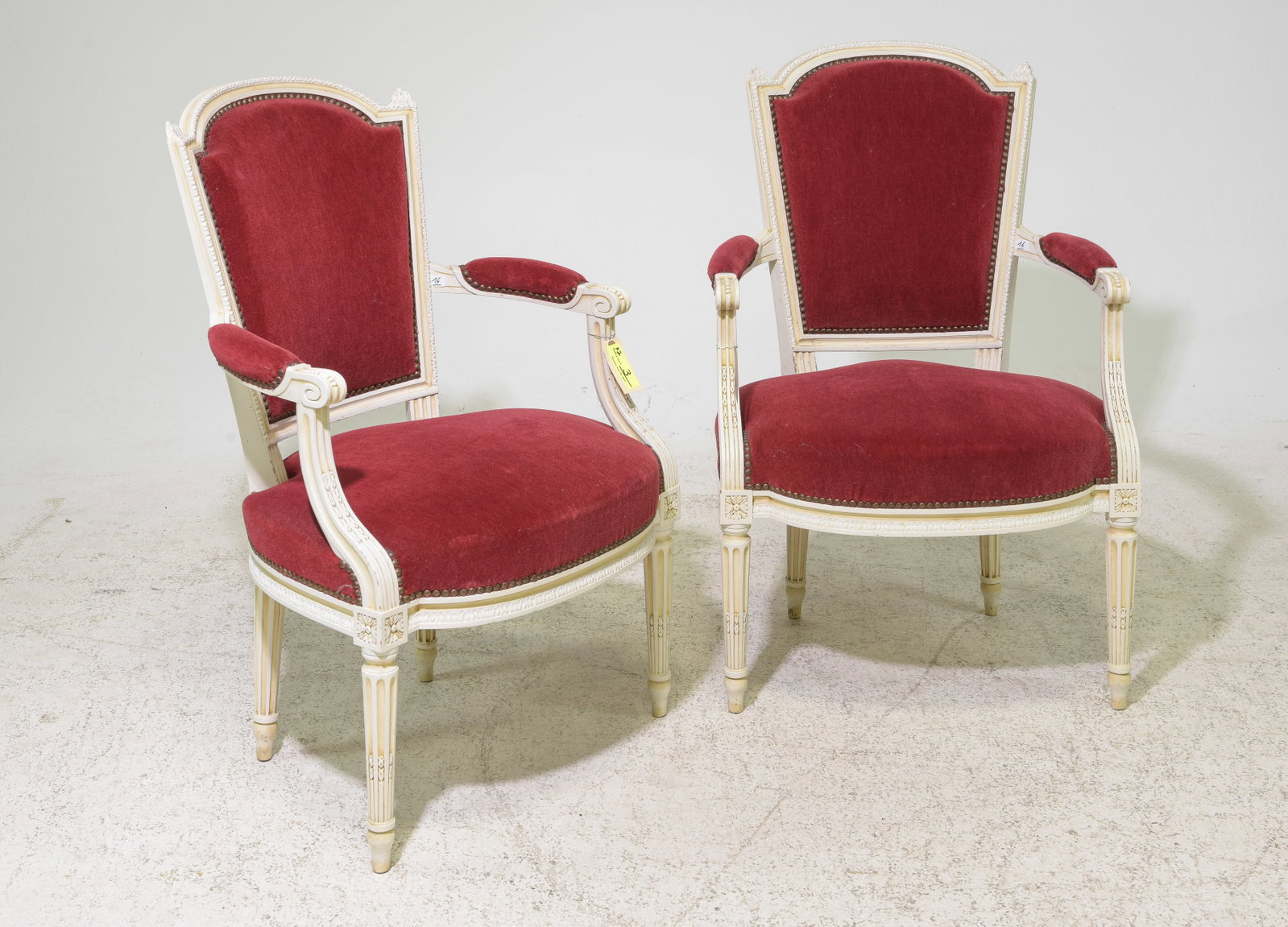 Louis XVI Style Pair of Painted Arm Chairs: French Louis XVI Style Pair of Painted Beech Wood Arm Chairs - 35 in tall x 23 x 21 each with a seat height of 17 inches