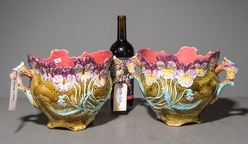 Onnaing Majolica Pair of Jardinieres / Cache Pots