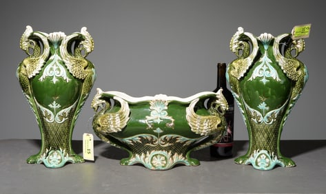 French Barbotine Three Piece Vase Set