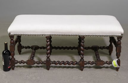British Oak Barley Twist Upholstered Bench #1