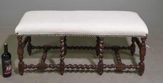 British Oak Barley Twist Upholstered Bench #1