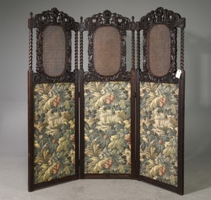 British Carved Oak Barley Twist 3 Panel Screen