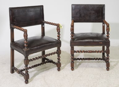 Louis XIII Style Pair of French Twist Arm Chairs