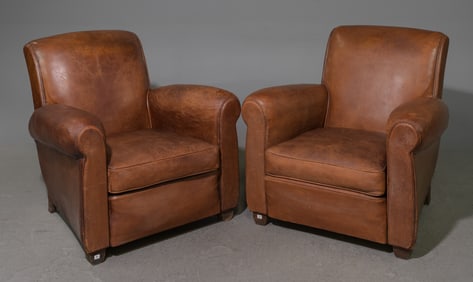French Pair of Brown Leather Club Chairs