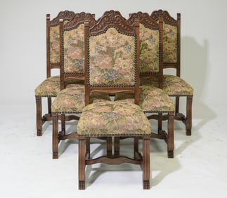 French Renaissance Style Set of 6 Oak Dining Chairs