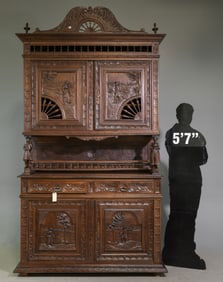 French Breton Style Carved Oak Double Buffet