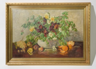 Gold Framed Oil on Canvas Floral & Fruit Still Life