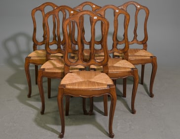 Louis XV Style Set of 6 Oak Rush Seat Dining Chairs #1