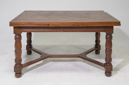 French Parquet Top Oak Draw Leaf Dining Table