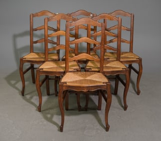 Louis XV Style Set of 6 Oak Rush Seat Dining Chairs #2