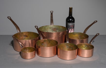 French Set of 7 Copper Sauce Pans with Iron Handles
