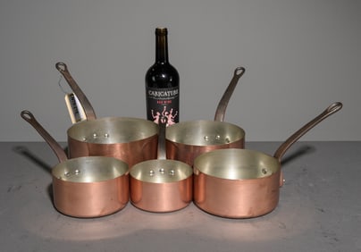 French Set of 5 Copper Sauce Pans with Iron Handles #1