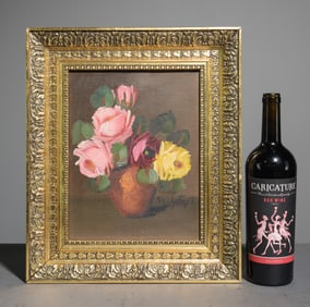 Gold Framed Small Oil on Canvas Floral Still Life