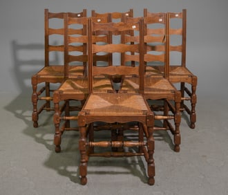 French Set of 6 Oak Ladder Back Rush Seat Chairs