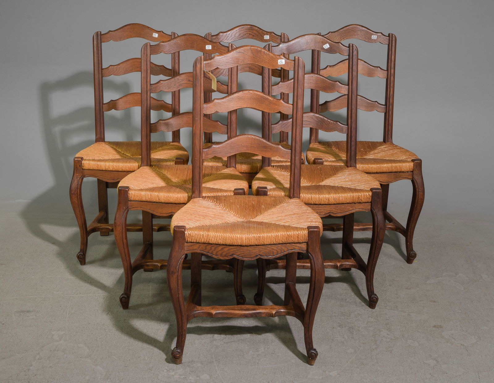 Louis XV Style Set of 6 Oak Rush Seat Chairs: French Louis XV Style Set of 6 Oak Rush Seat Chairs - 38.5 in tall x 19 x 19.5 each with a seat height of 18 inches
