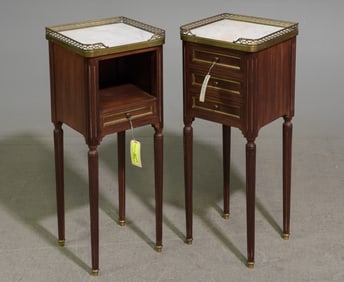 2 Louis XVI Style White Marble Top Nightstands