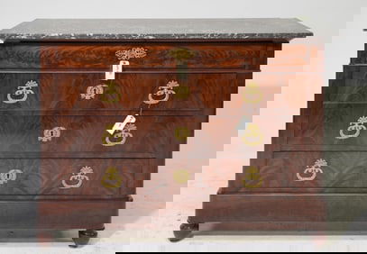 French Mahogany Marble Top Four Drawer Chest