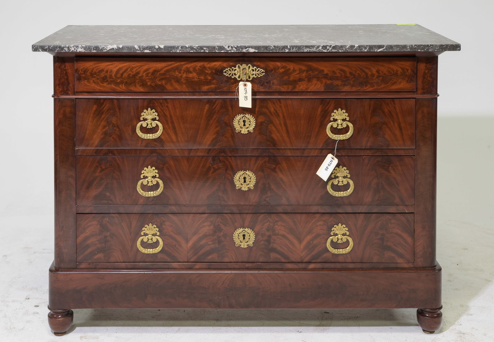 French Mahogany Marble Top Four Drawer Chest: French Mahogany Marble Top Four Drawer Chest - 37 in tall x 51 x 23 - There is a key