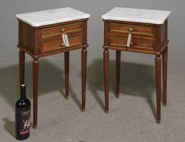 Louis XVI Style Pair of White Marble Top Chests