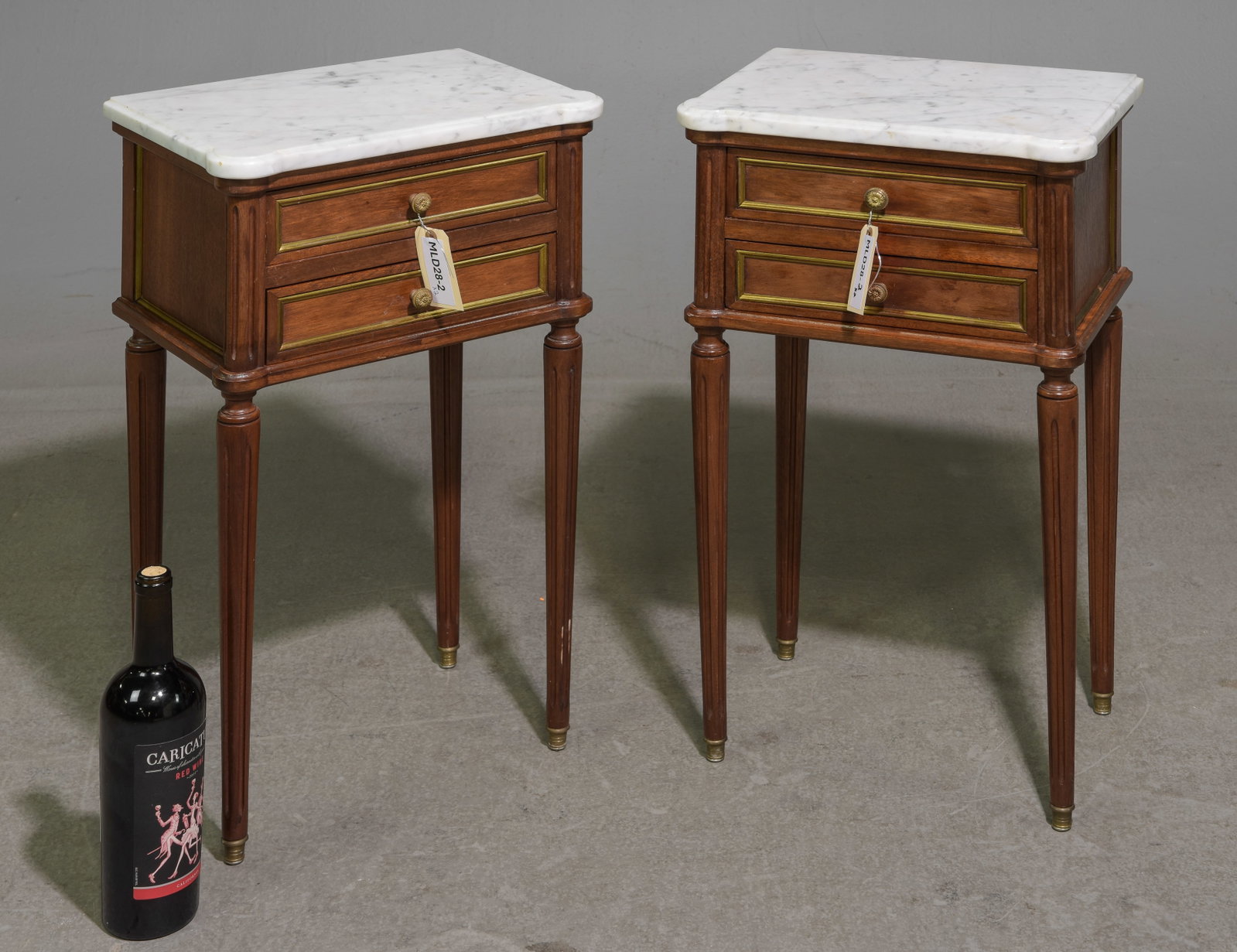 Louis XVI Style Pair of White Marble Top Chests: French Louis XVI Style Pair of White Marble Top Chests / Nightstands - 26 in tall x 15 x 10.5 each