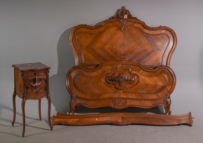 Louis XV Style Bed with Rails & Nightstand