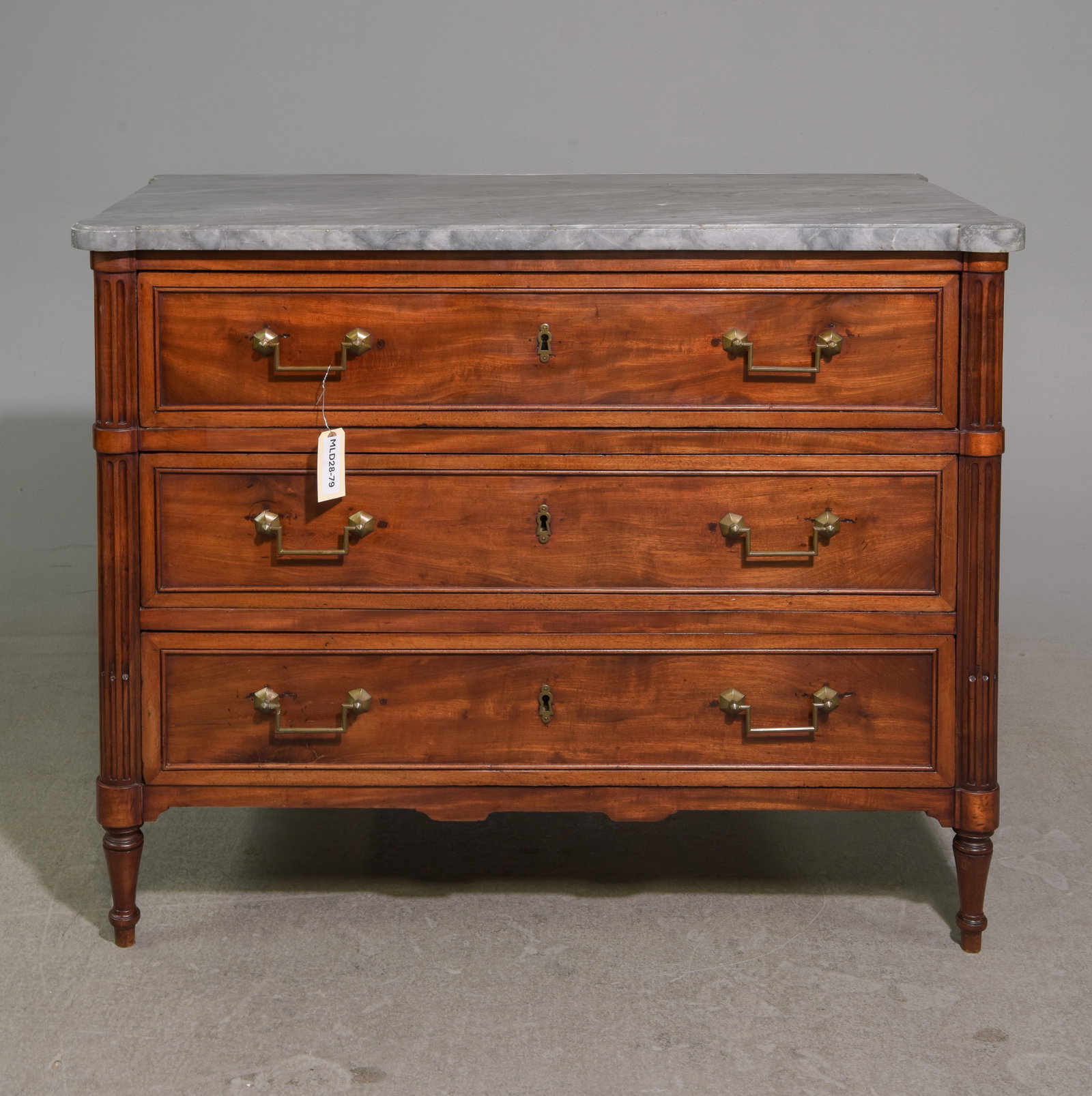 Louis XVI Style Grey Marble Top Chest: French Louis XVI Style Grey Marble Top Three Drawer Chest - 34 in tall x 42 x 21.5 - There is a key
