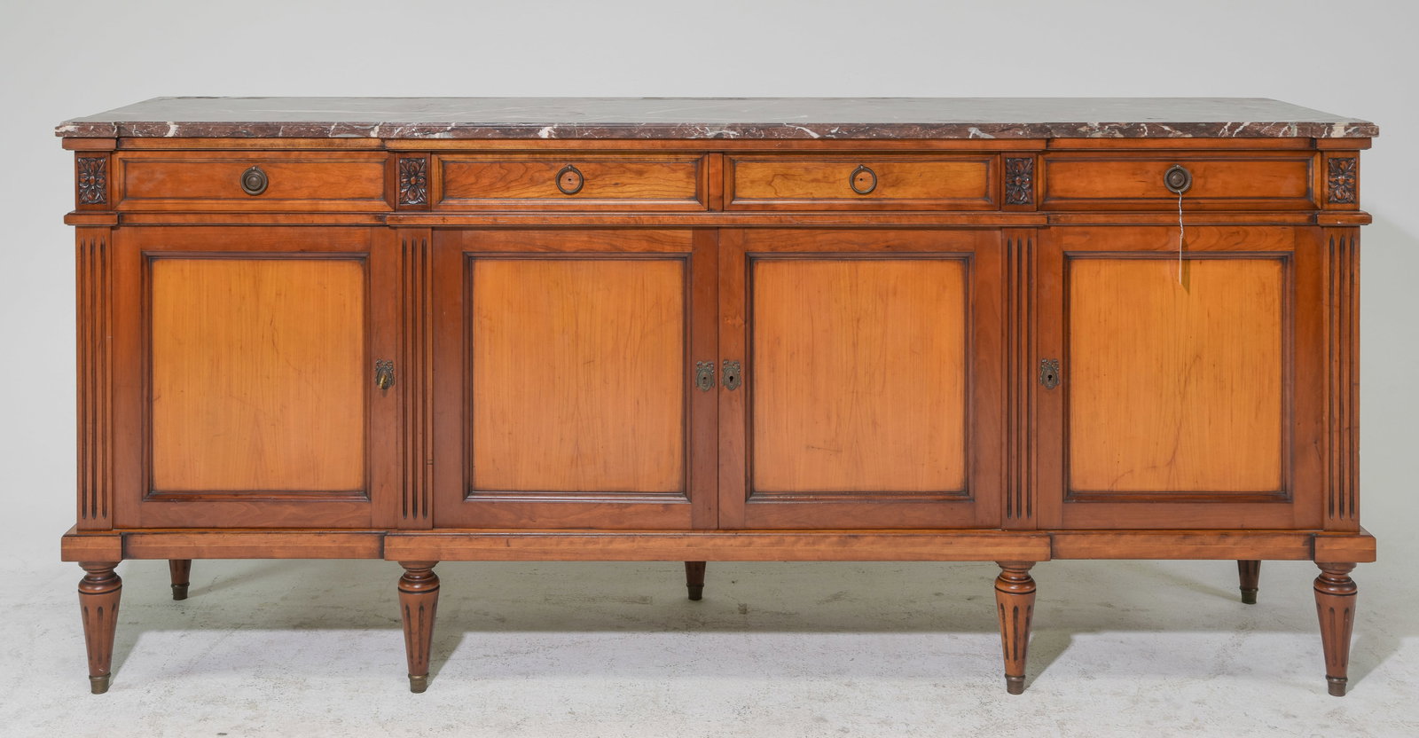 Louis XVI Style Marble Top Sideboard: French Louis XVI Style Marble Top Sideboard / Enfilade - 38.5 in tall x 86.5 x 21
