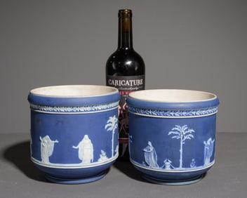 Two Petite English Blue Wedgewood Stoneware Jardinieres