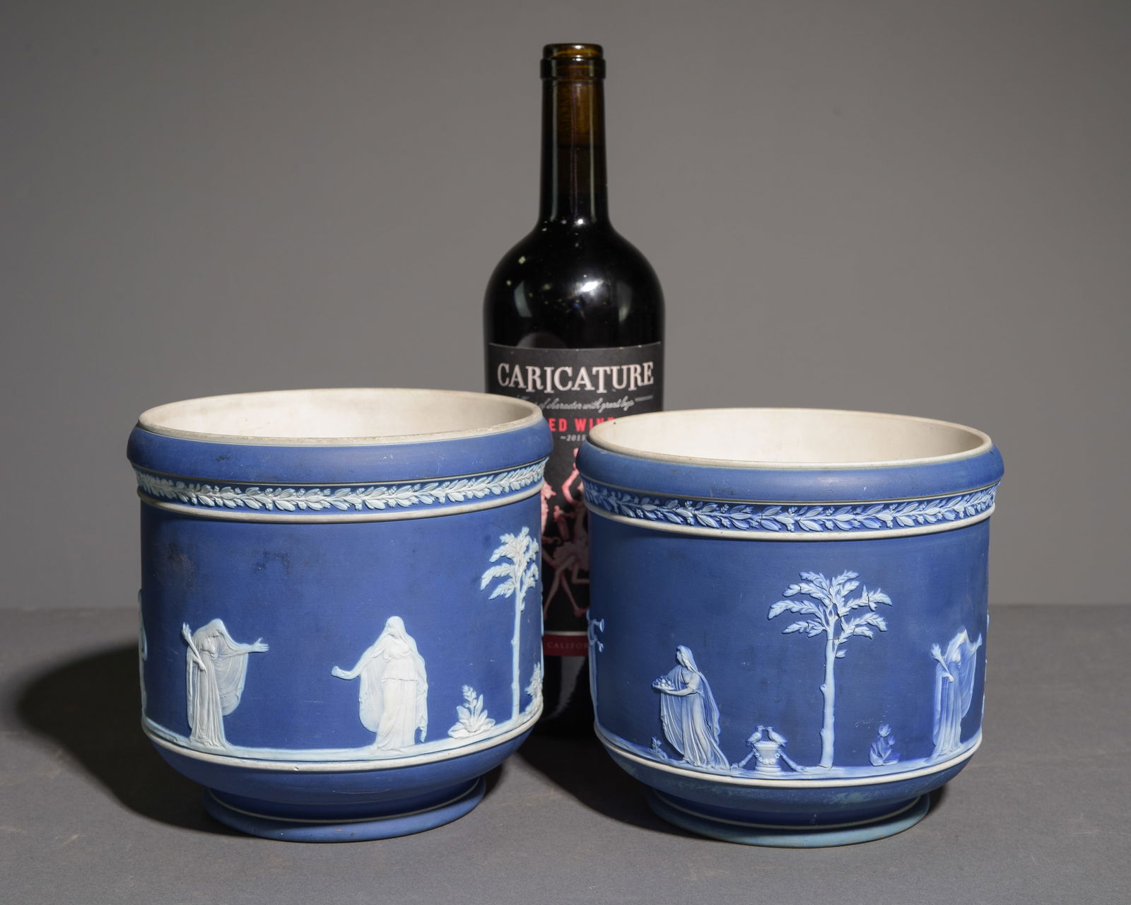 Two Petite English Blue Wedgewood Stoneware Jardinieres: Two Petite English Blue Wedgewood Stoneware Jardinieres - 6 in tall x 6.5 inch diameter each