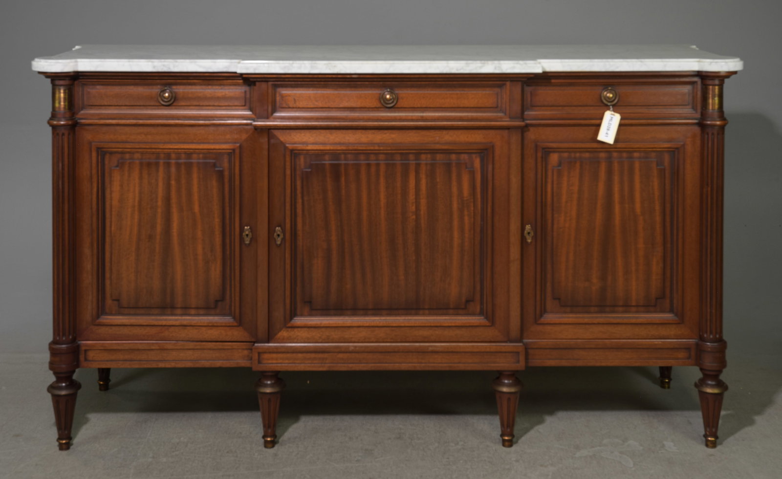 Louis XVI Style White Marble Top Sideboard: French Louis XVI Style White Marble Top Sideboard / Enfilade - 41 in tall x 73 x 22