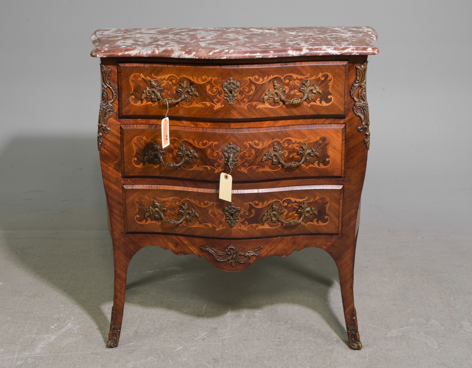Louis XV Style Marble Top Marquetry Inlaid Chest (1 of 6)