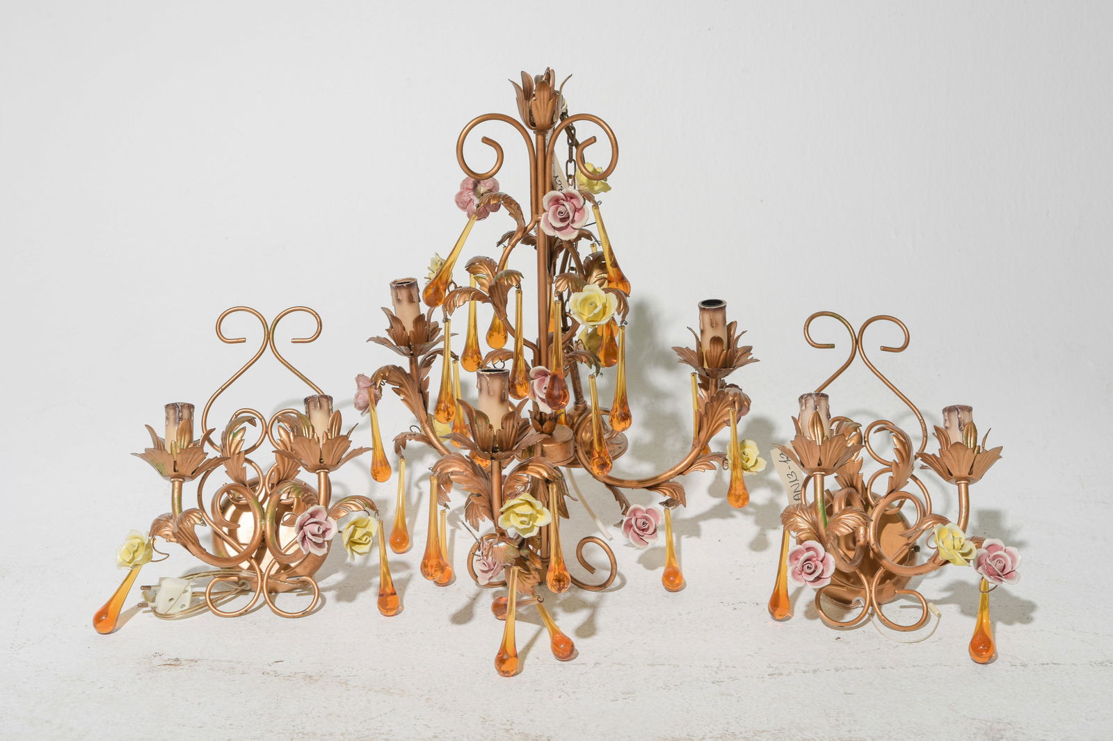 Italian Style Tear Drop Chandelier & Sconces: Italian Style Tear Drop Chandelier with Floral Adornments & Sconces - Chandelier is 20 in tall x 15 inch diameter