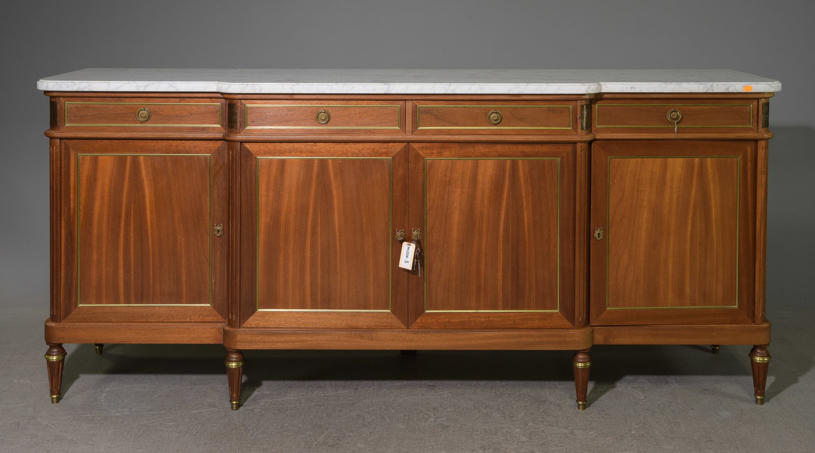 Louis XVI Style White Marble Top Sideboard #2: French Louis XVI Style White Marble Top Mahogany Sideboard / Enfilade - 40.5 in tall x 91 x 22