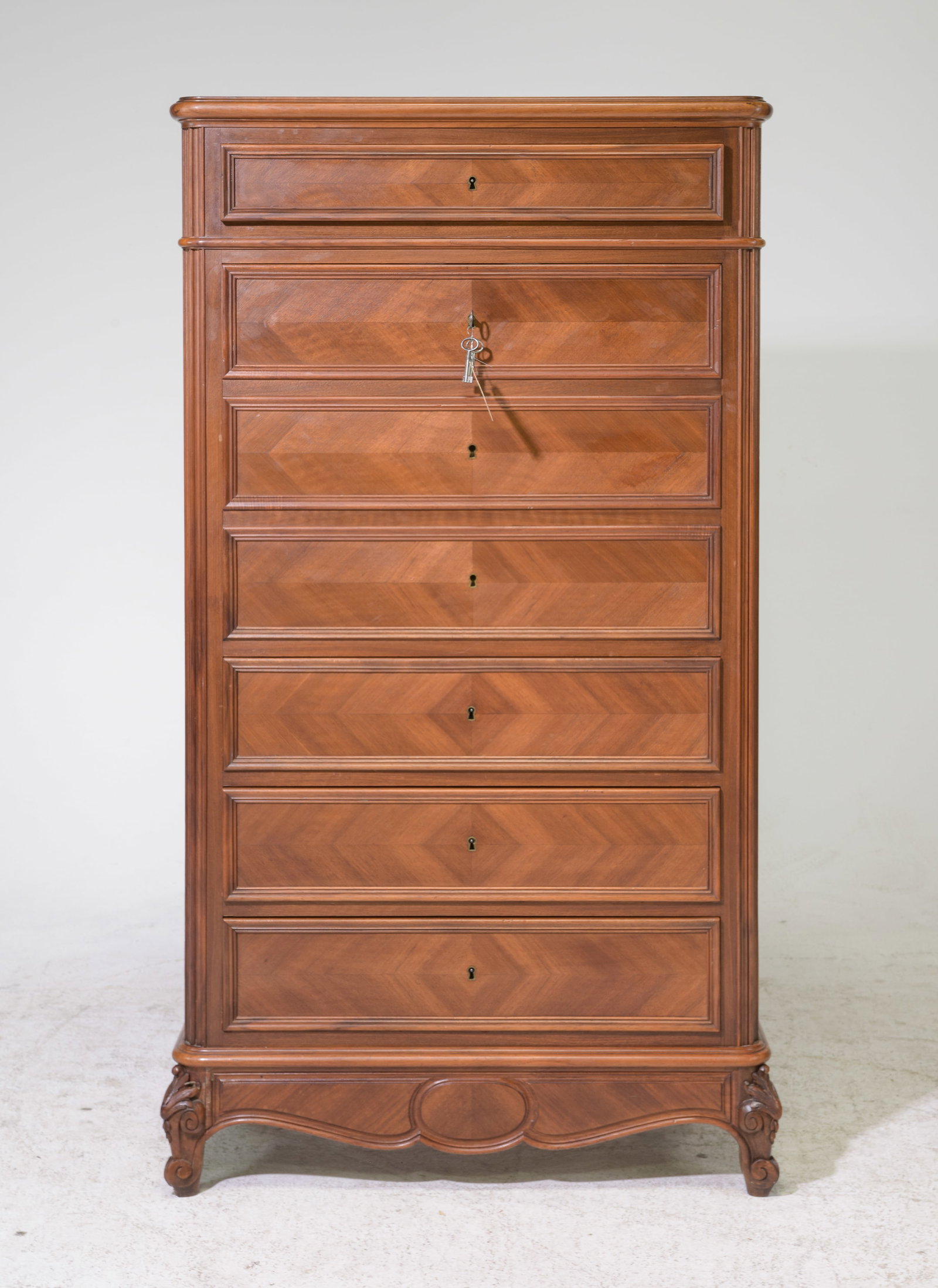 Louis XV Style Walnut Semaniere / 7 Drawer Chest: French Louis XV Style Walnut Semaniere / 7 Drawer Chest - 57 in tall x 30 x 16