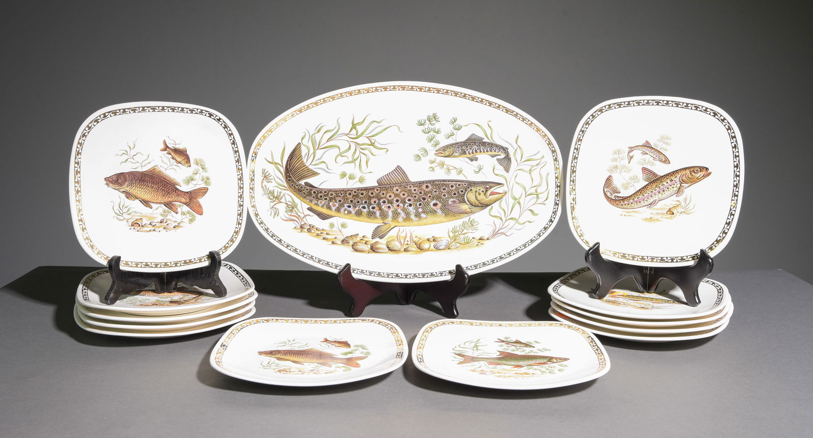 13pc French Fish Plate Set - Platter & 12 Plates: 13pc French Fish Plate Set - Platter & 12 Plates - Platter is 1 in tall x 16.75 x 10.75