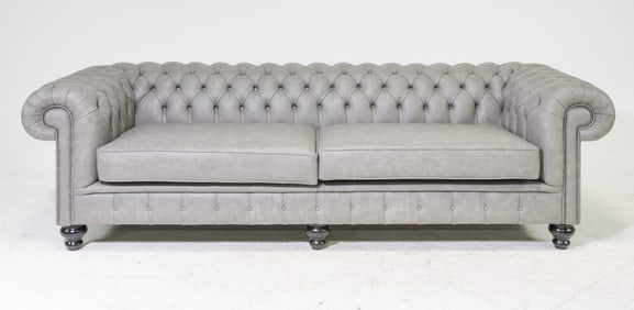 British Grey Leather Tufted Oversize Sofa