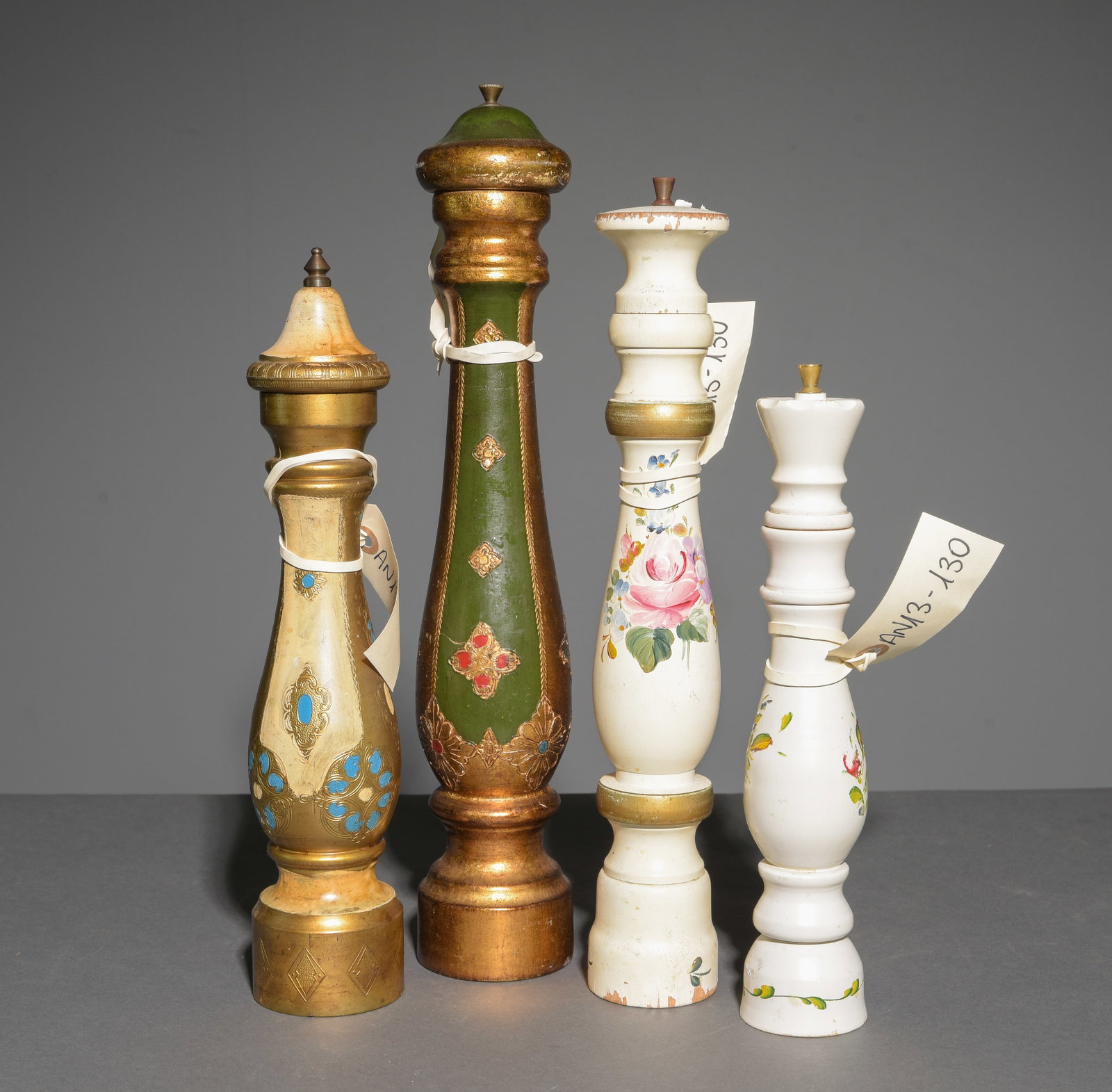 2 Florentine & 2 Painted Pepper Grinders: 2 Florentine & 2 Painted Pepper / Salt Grinders - Tallest is 16 in tall x 3 inch diameter