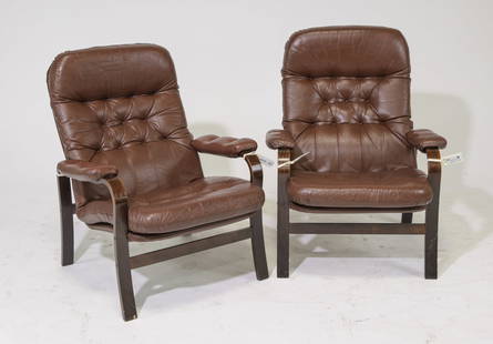 Danish Mid Century Modern Pair of Lounge Chairs: Danish Mid Century Modern Pair of Brown Leather Button Tufted Lounge Chairs - 37 in tall x 28 x 32 each with a seat height of 16 inches