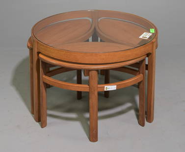 Mid Century Modern Round Trinity Coffee Table Nest: Danish Modern Style Round Trinity Coffee Table with Three Nesting Tables by Nathan Furniture Co. - 20 in tall x 32 inch diameter, The small pull out tables are 17 in tall x 15 x 13 each
