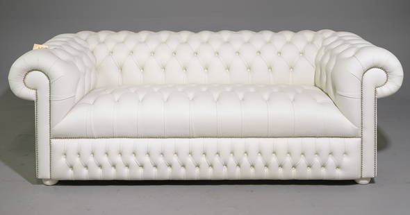 British White Leather Button Tufted Three Seater Sofa: British White Leather Button Tufted Three Seater Sofa - 29 in tall x 84 x 28.5 with a seat height of 19 inches