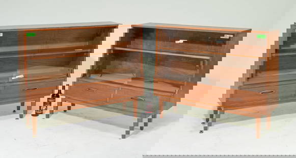 2 Mid Century Modern Bookcases by Jentique: 2 Danish Modern Style Teak Display Cabinets / Bookcases are made by British Mid Century Modern Furniture Maker Jentique - 34.5 in tall x 42.25 x 11 and 34 in tall x 42.25 x 12