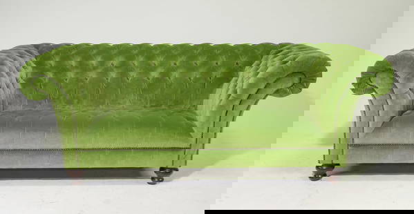 British Green Velvet Button Tufted Sofa: British Green Velvet Button Tufted Sofa with Scrolled Arms - 33 in tall x 88 x 38 with a seat height of 16 inches