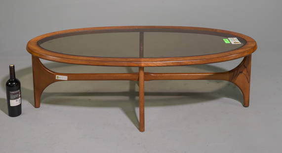 Mid Century Modern Oval Glass Top Coffee Table: Danish Modern Style Smoke Glass Top Coffee / Cocktail Table by British Maker Stonehill- 16 in tall x 51.5 x 23.5