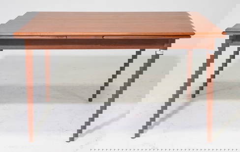 Mid Century Modern Draw Leaf Dining Table: Danish Modern Style Teak Draw Leaf Dining Table - 29 in tall x 51.5 x 34, Leaves add an additional 21 inches each, Floor to apron is 24 inches and the space between the legs is 43 inches